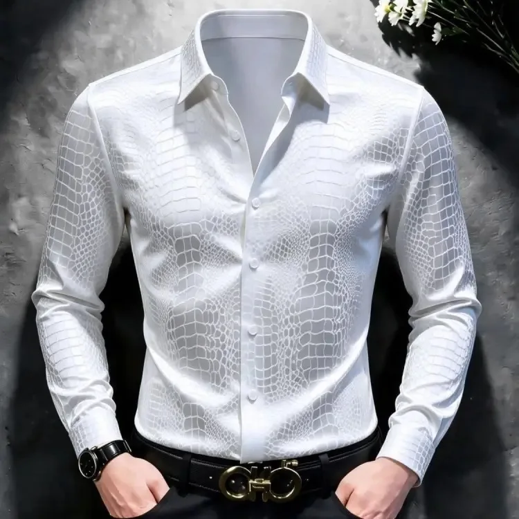 Blue Snake Skin Texture Long Sleeve Casual Shirt Men's 2026 Autumn New Style High Sensation Cool Leisure Shirt Polyester Fiber