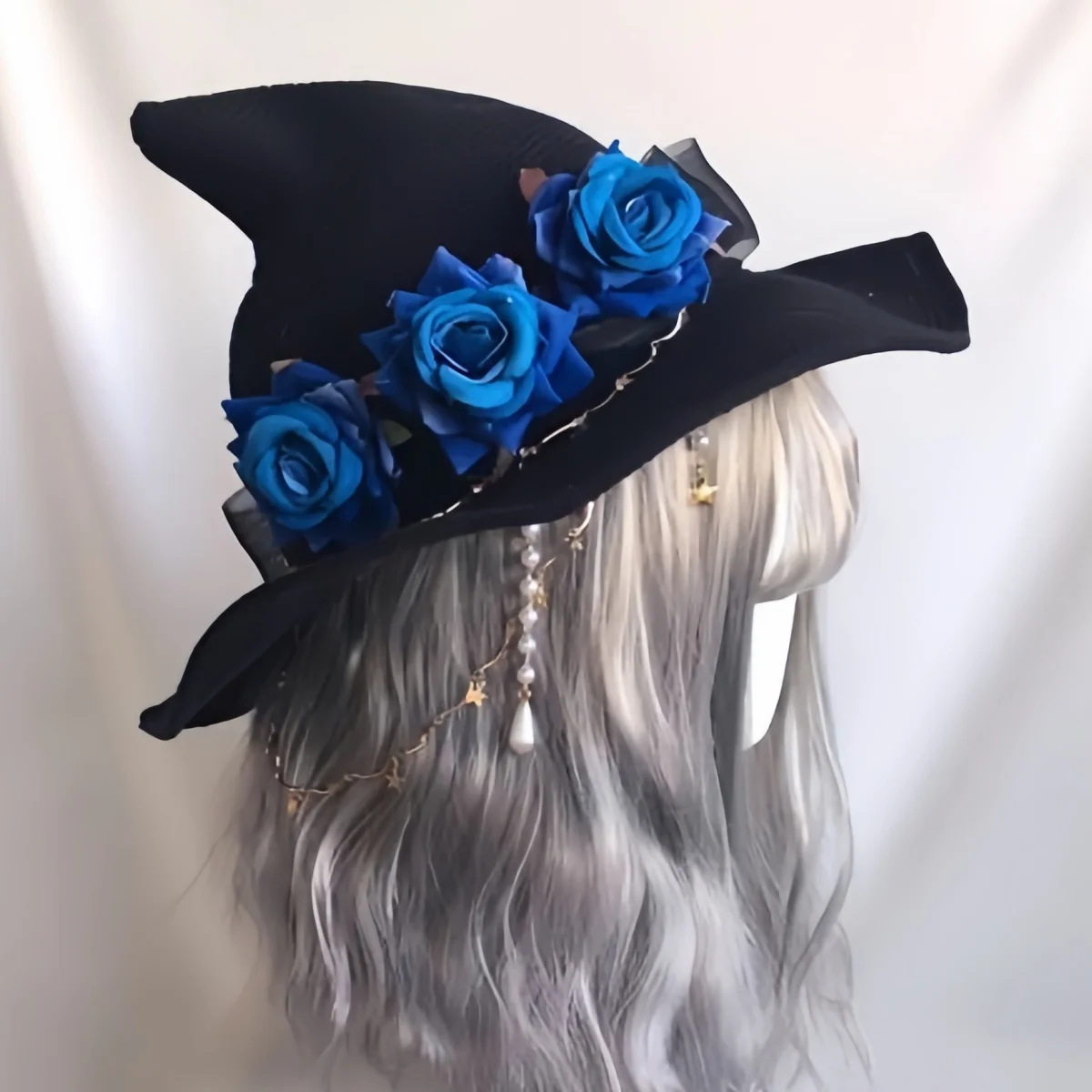 หมวกแม่มดโบว์ใหญ่สไตล์เรโทร หมวกแฟนซีลายกุหลาบแบบโกธิค หมวกสาวเวทมนตร์ อุปกรณ์คอสเพลย์สำหรับงานปาร์ตี้ฮาโลวีน