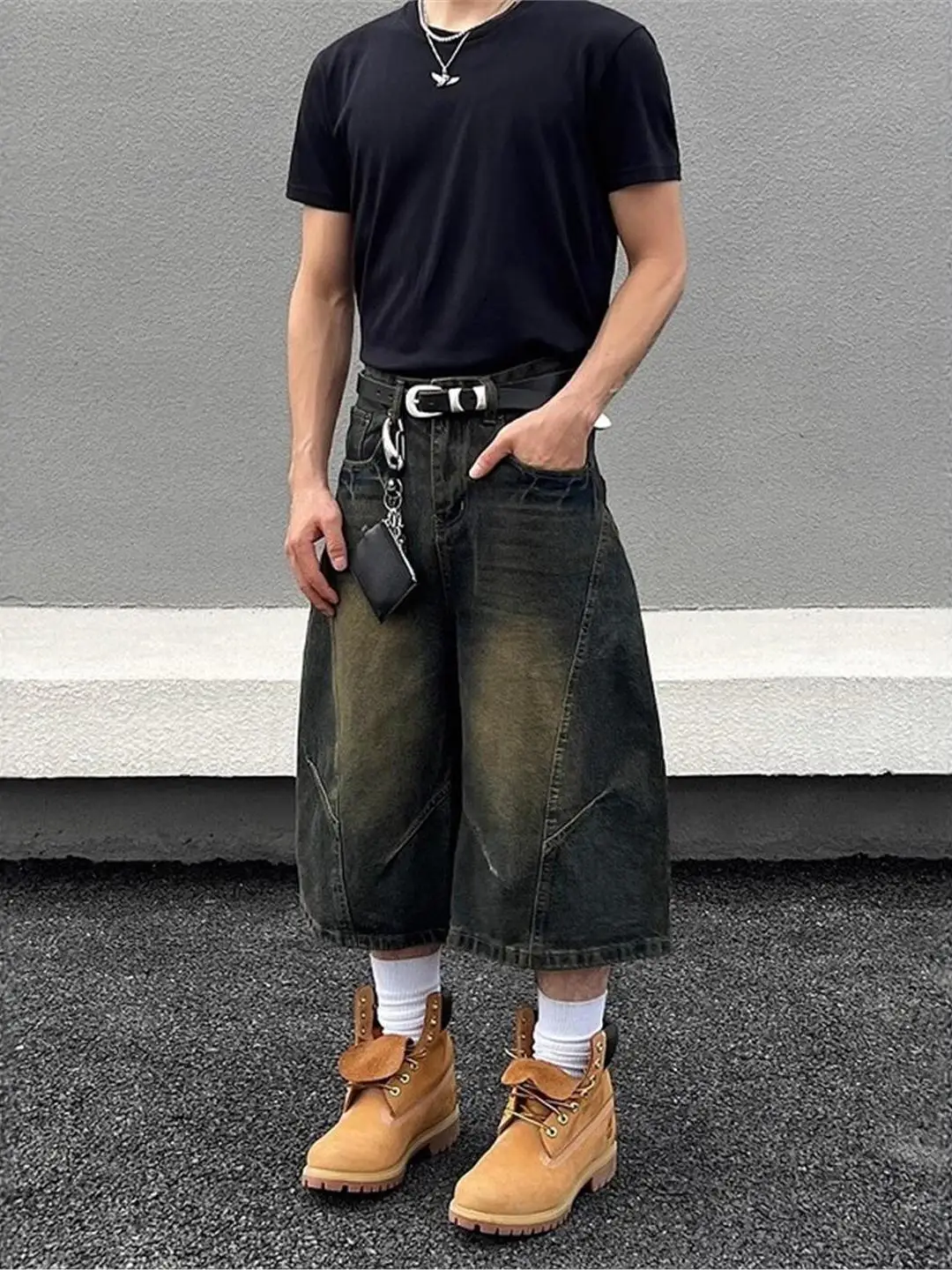 Calças Jeans Retrô Americanas Lavadas de Perna Larga, Caimento Solto, Estilo Jovem e Moderno, Calças Capri para Homens, Mulhe...