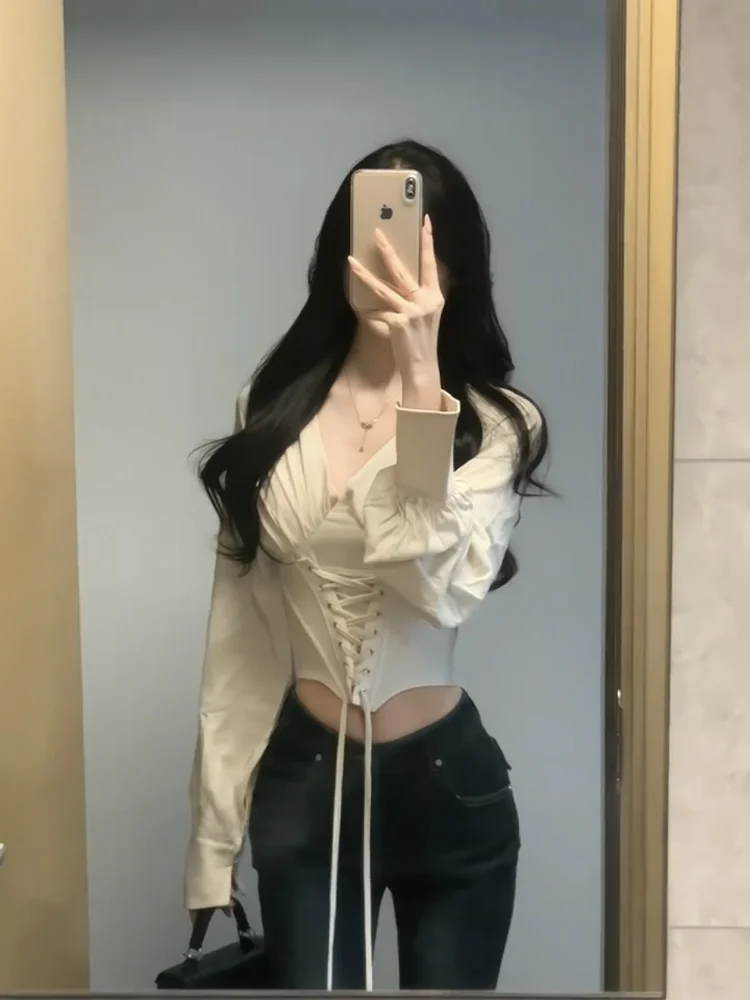 

Korean Sle Pure Desire Spicy Girl Fibone Tie oulder Long Sve irt Women's Autumn High Level Multiwear Slim Fit Top