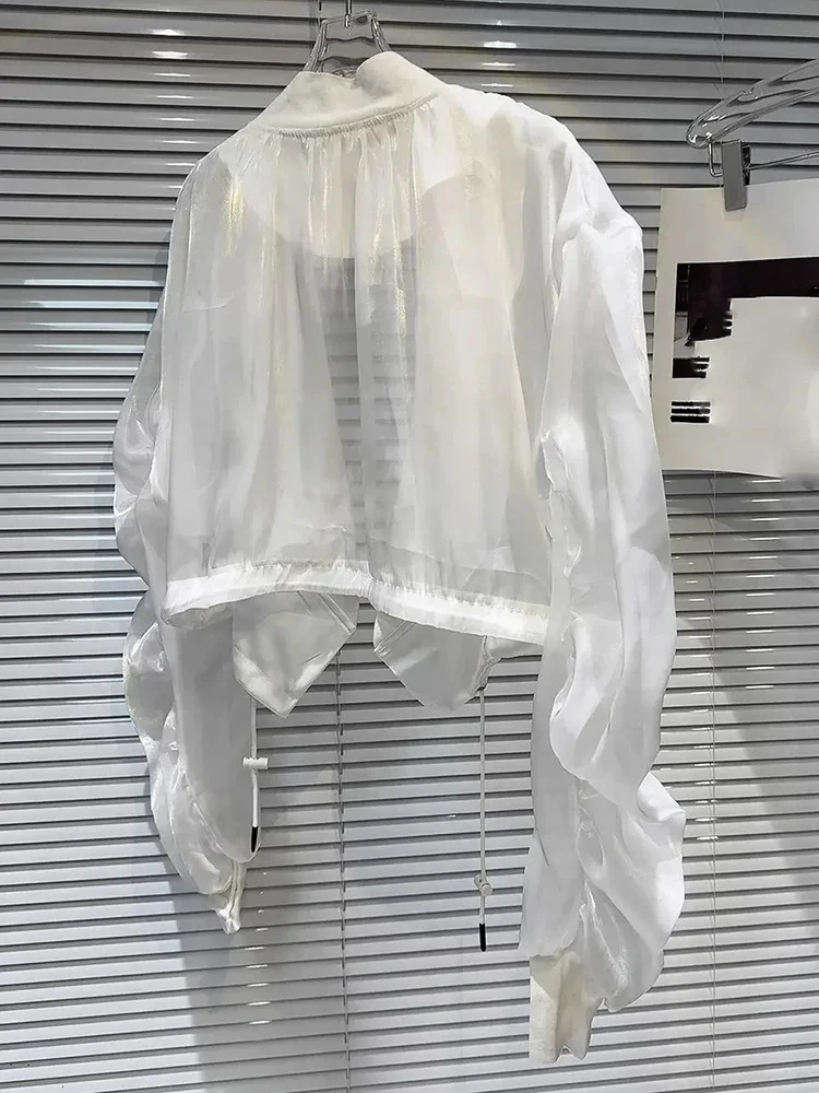 

Drawstring Solid Color Mesh Sunscreen Short Jacket For Women Blusas Moda Thin Blouse Chemise Femme Camisas De Mujer