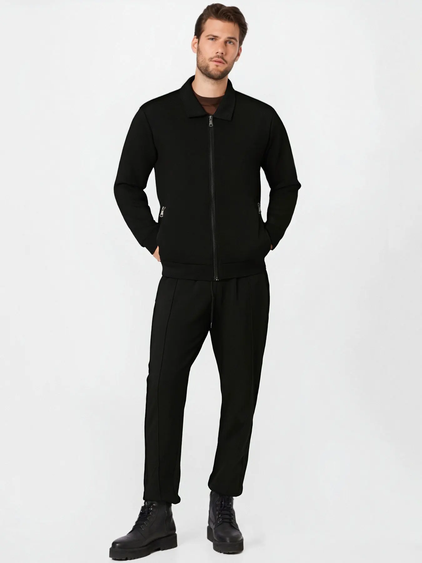 

Men's Black Collared Zip - Up Cardigan Jacket + Straight - Leg Casual Pants Sports and Leisure Set
