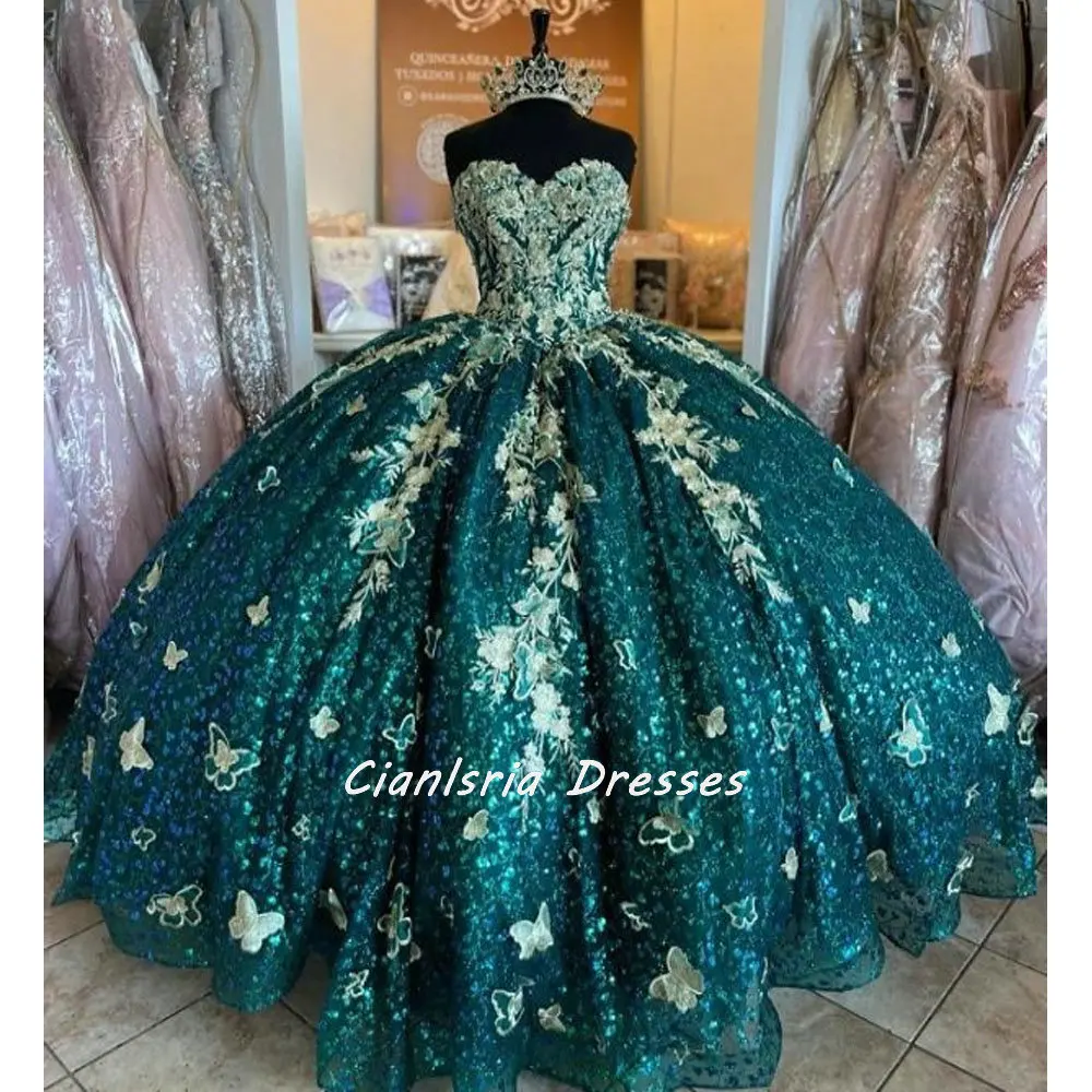 Esmeralda verde querida cristal lantejoulas quinceanera vestidos de baile apliques ouro 3d borboleta espartilho vestidos para xv años