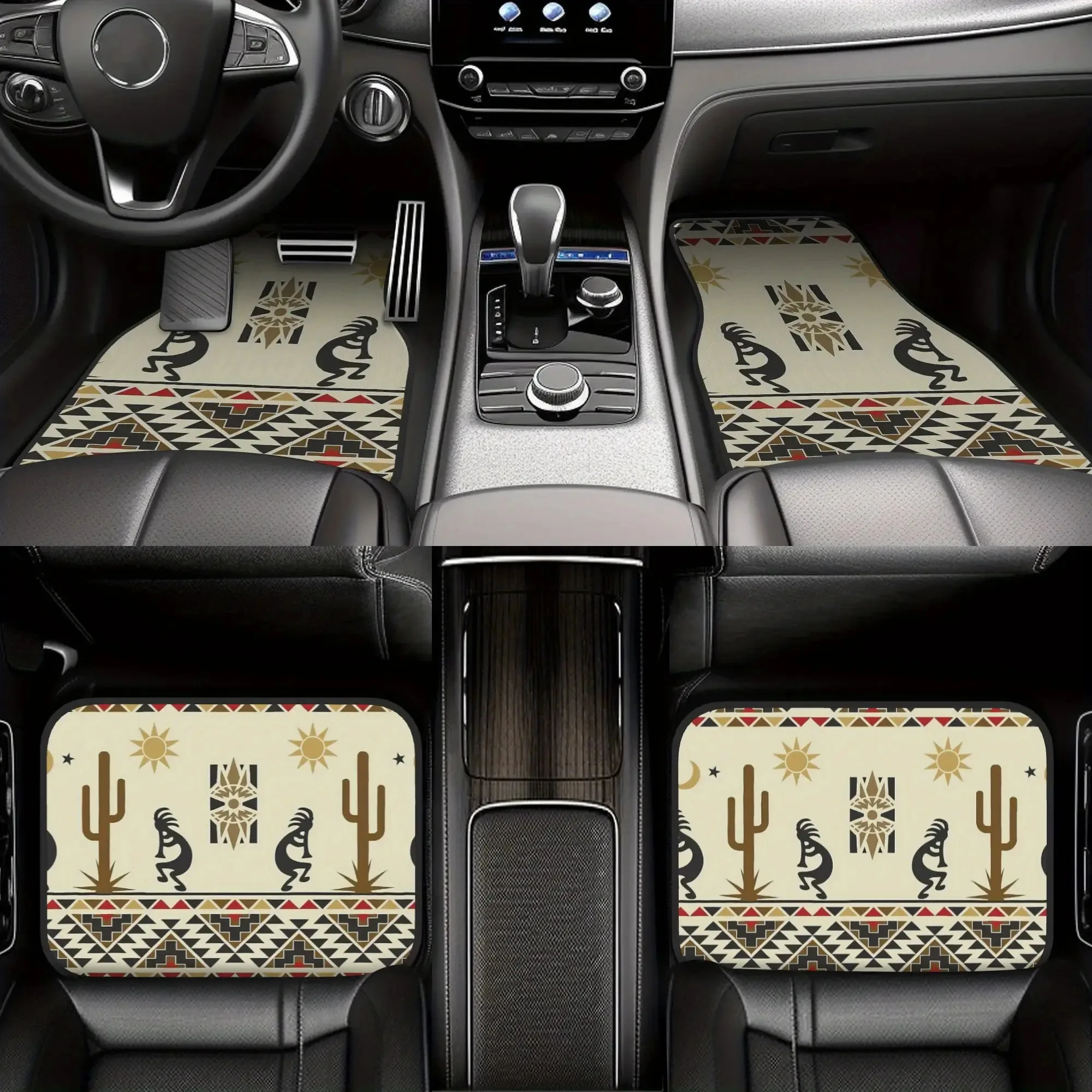 4pcs Southwestern Kokopelli Aztec Design Car Floor Mats | Durable Polyester Fiber, Beige With Black & Brown Geometric Patterns,