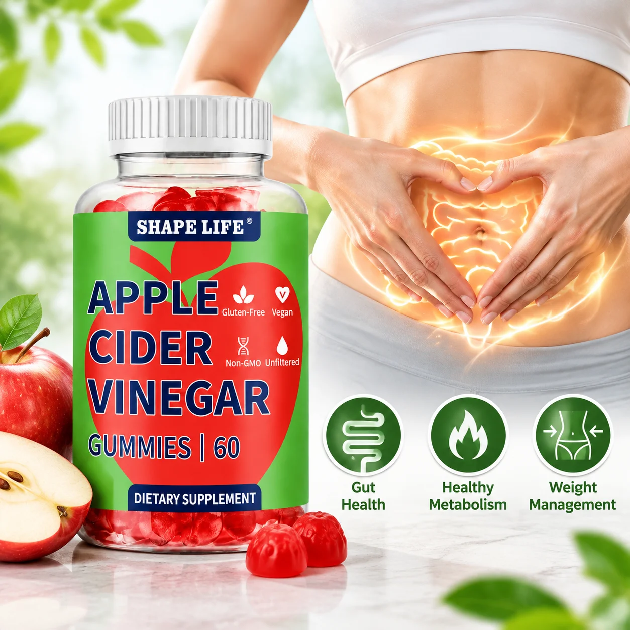 Apple Cider Vinegar Gummies for Gut Health, Healthy Metabolism & Weight Management with Vegan 1000mg Unfiltered ACV, 60 Gummies