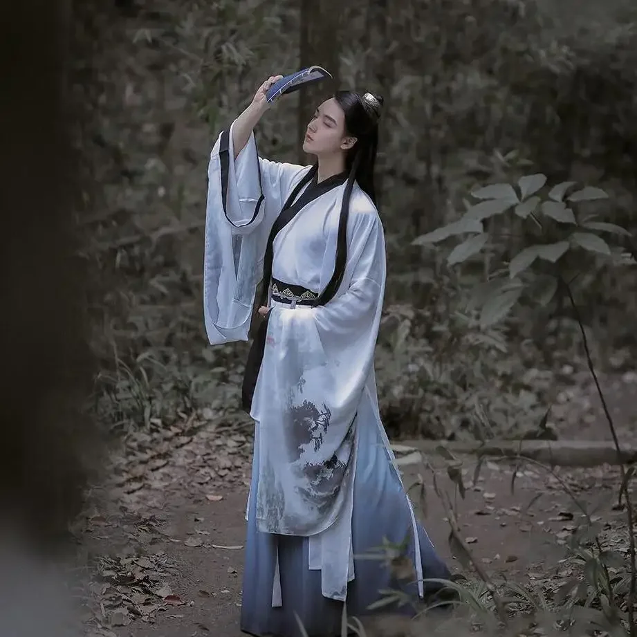 Hanfu 고대 중국 전통 코스튬 원피스, 크로스 칼라, 허리 길이 인쇄 코스튬 남성용