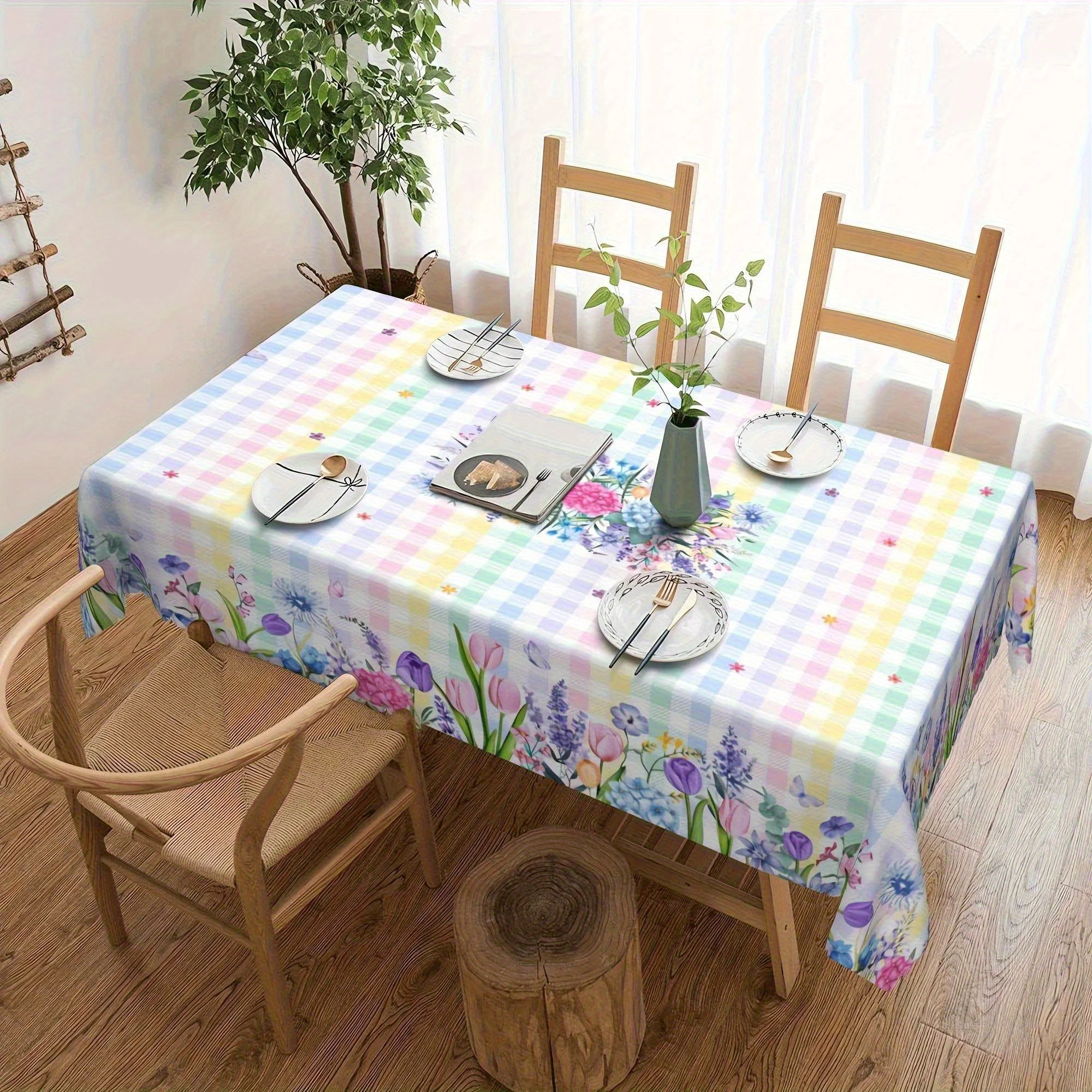 Tablecloth 1pc Spring Summer Tablecloth - Vibrant Tulip Lavender Plaid Hydrangea Daisy Print, Polyester Rectangular Kitchen Tabl