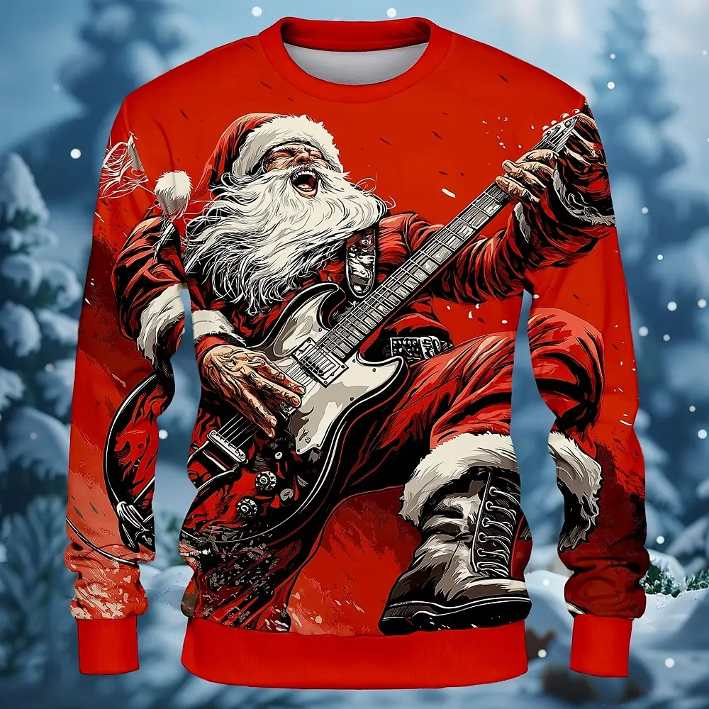 Men Christmas Round Neck Sweatshirt, Rock Santa Claus Playing Guitar Snowy Forest Print Polyester Casual Pullover