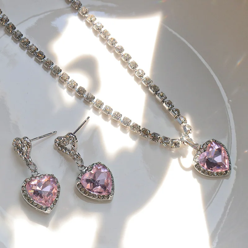 Trendy Cute Heart Crystal Necklace Earrings Set For Women Wedding Engagement Valentines Day Gift Fashion Jewelry Wholesale