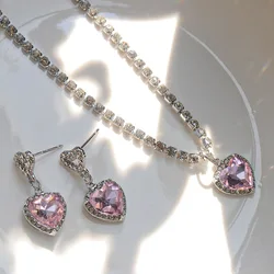Trendy Cute Heart Crystal Necklace Earrings Set For Women Wedding Engagement Valentines Day Gift Fashion Jewelry Wholesale