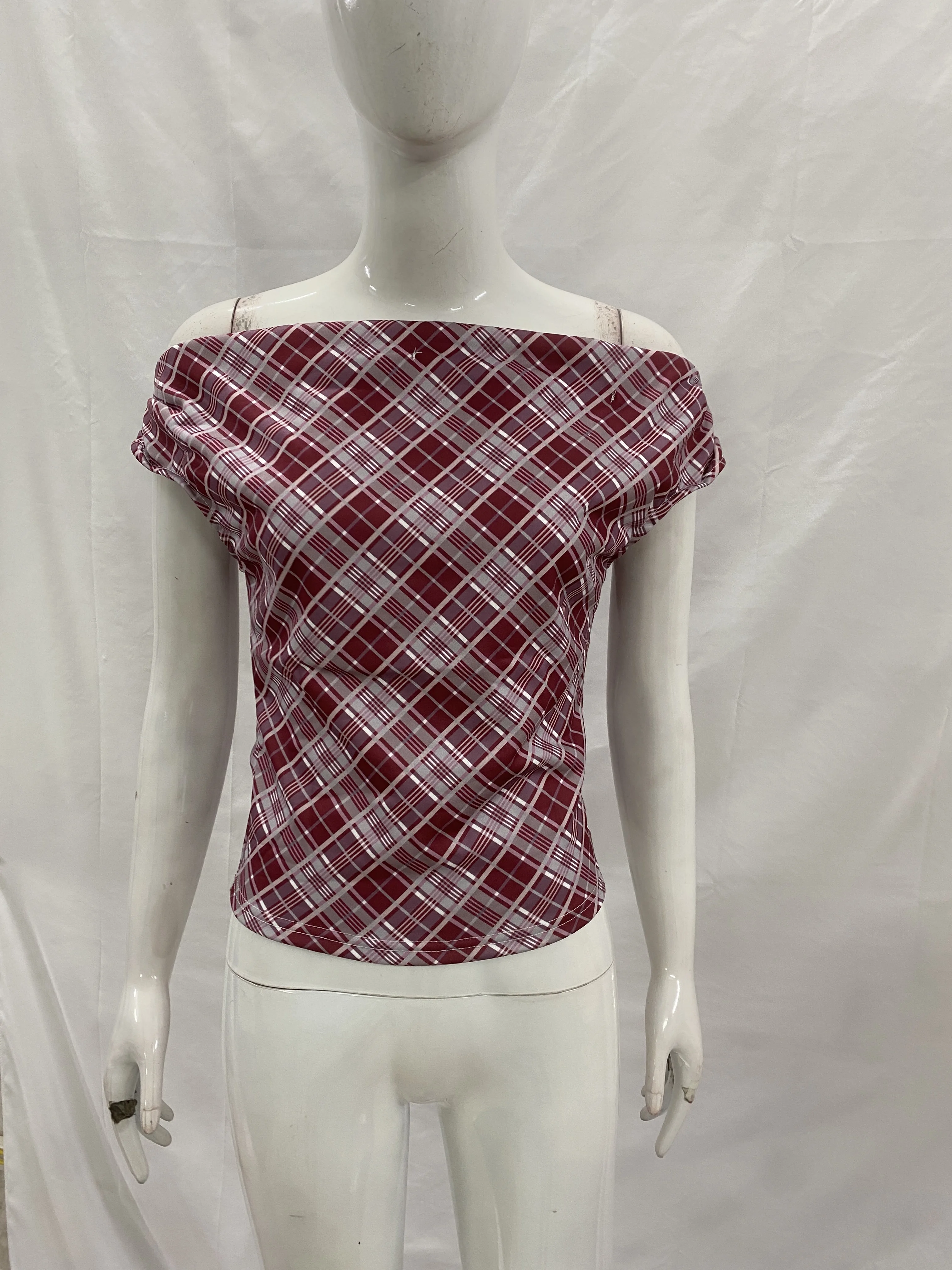 Checkered striped T-shirt short sleeved straight neck off shoulder women's versatile top pure desire style
