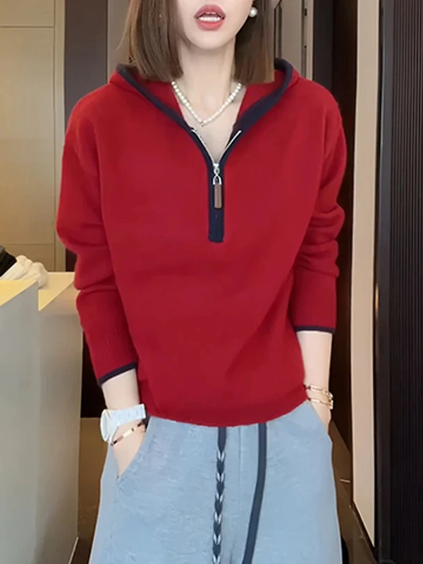 トレンドカラー ブローチ付き フード付き ロング丈 ニットセーター レディース オーバーヘッド 秋冬新作 ジップデザイン トップス