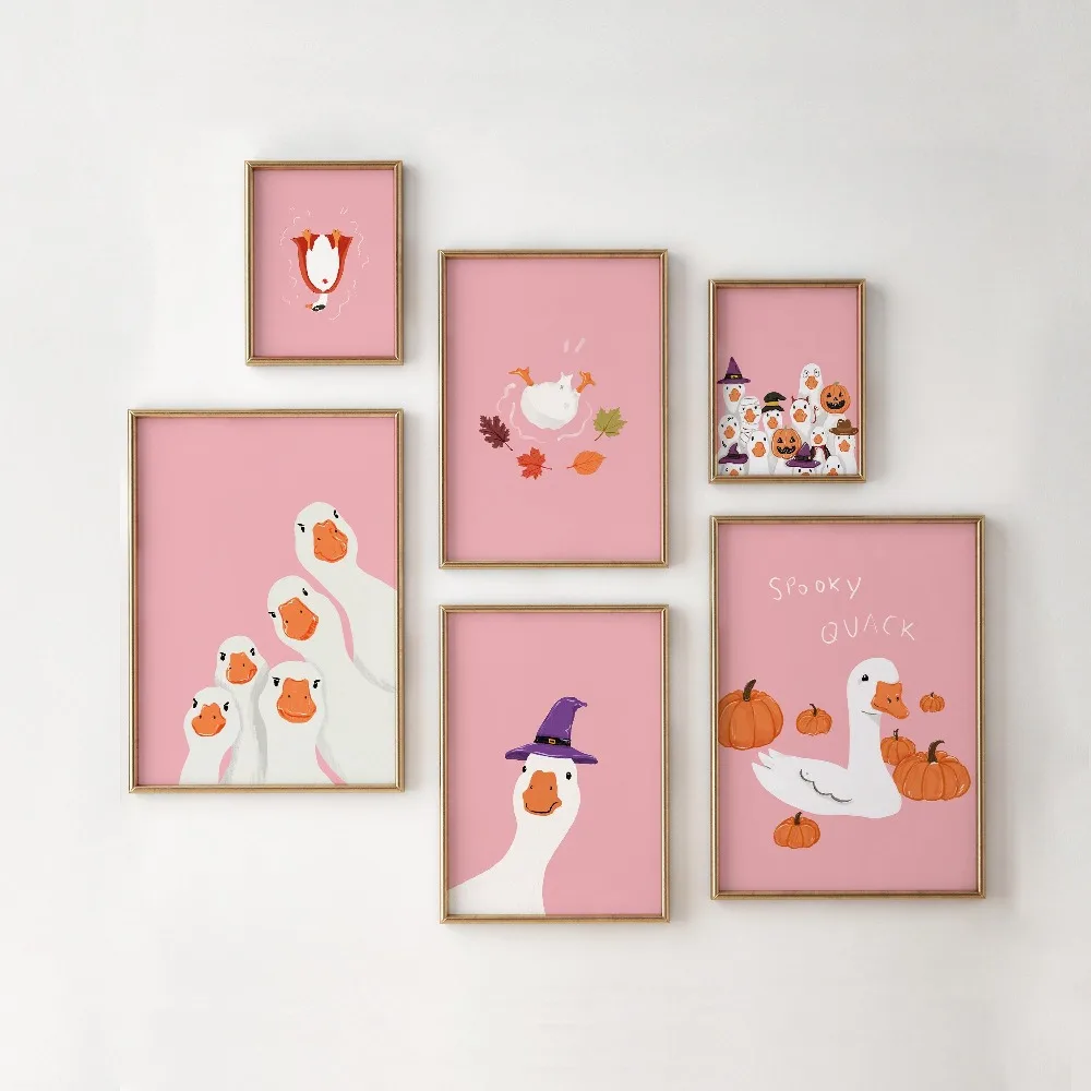 Frameless,Pink Goose Halloween Art Prints,Retro Danish Pastel Decor,Digital Download,Halloween Gifts,Living Room Wall Art Decor