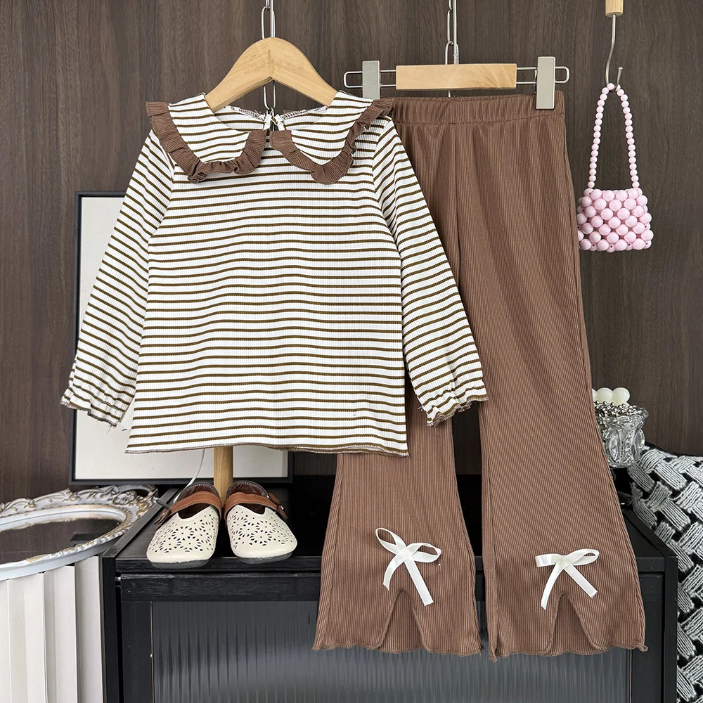 

3-7 Years Old Autumn Korean Version Coffee Colored Girls Clothes Lapel Striped Printed Long Sleeved Top+Bow Pants Two-piece Set