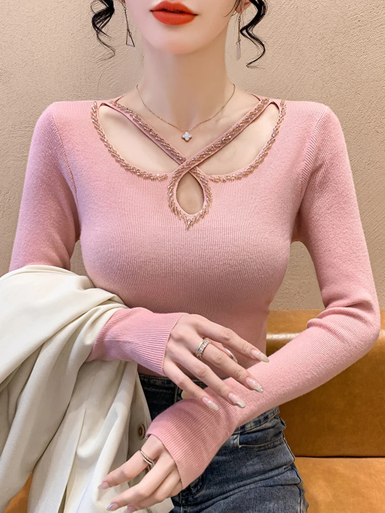 

Новая весенняя женская трикотажная базовая кофта с вырезами, длинным рукавом, тяжелой вышивкой, V-образным вырезом, облегающая, для повседневной носки, модная