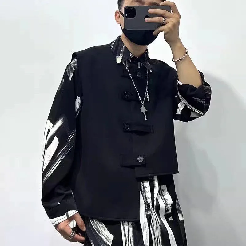 

Spring and Summer Vest Shirt Suit Men's Black Irregular Single-breasted Vest with Black Striped Floral Shirts Two-piece Set