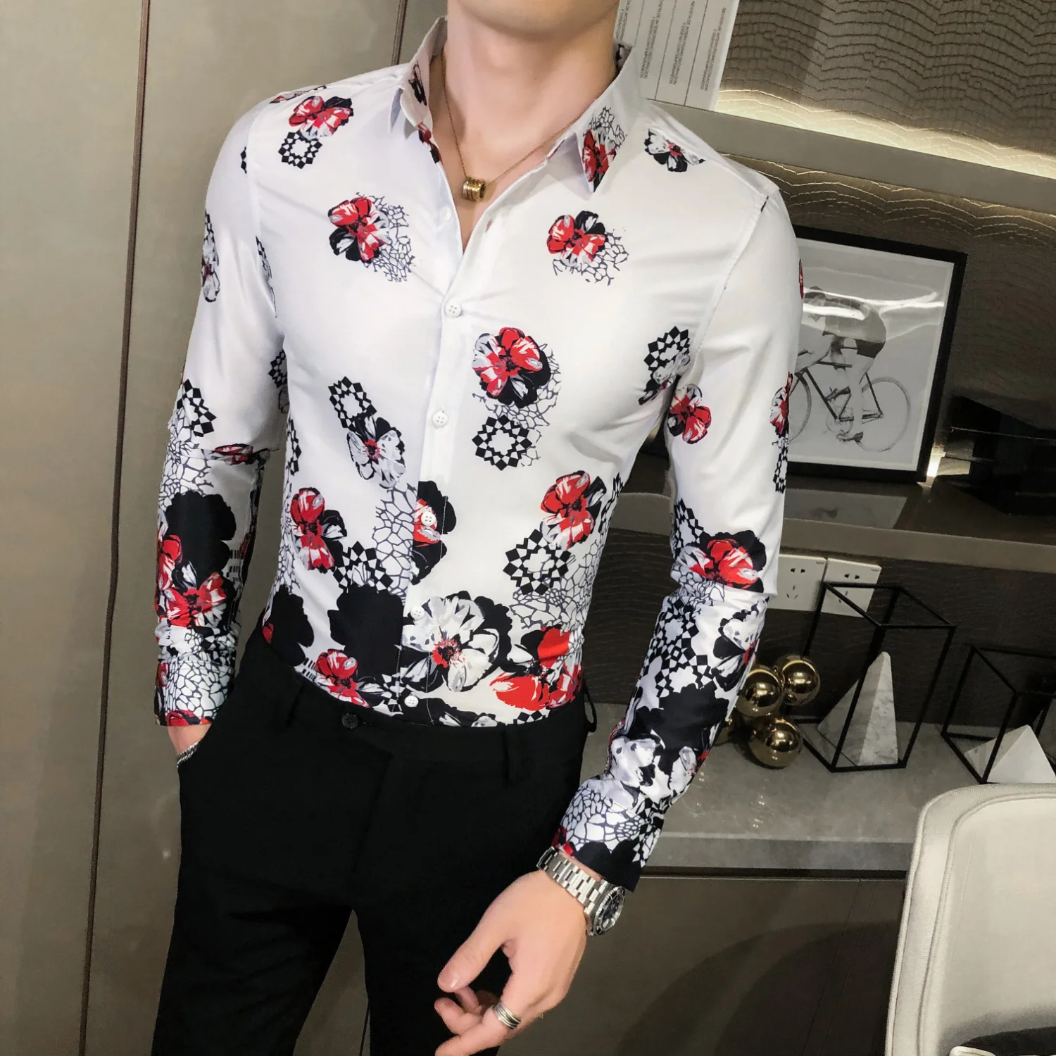 Hombre Camisa Luxury Men Flower Shirt Fashion Autumn Floral Shirt Korean Slim Fit Casual Long Sleeve Night Club Men Social Shirt