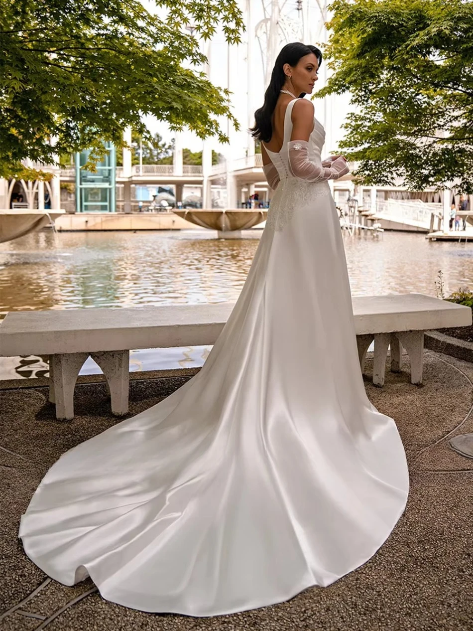 Satin Wedding Dress Square Neck Tulle Gloves Mermaid Bridal Gowns Lace Waist Detail Sweep Train Bride Vestido De Noiva Vintage