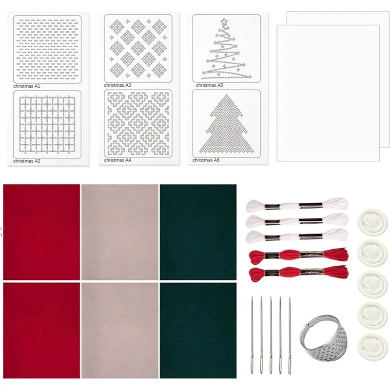 A25F-Water Soluble Embroidery Pattern Kit, Sashiko Thread, Thimble Fabric, Merry Christmas Quilting Set For Beginners Hand