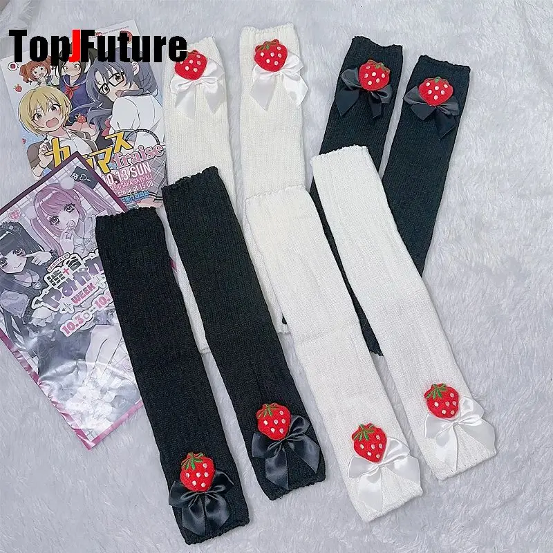 

Y2K Girl Strawberry Knitted Fingerless Sleeves Sweet Bow JK Arm Warmers Subculture Cute Soft Girl Ruffled Leg Warmers for Women