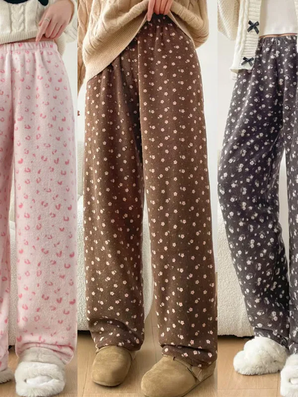Floral Print Fleece Lined Casual Comfortable Warm Pants Autumn Winter 2025 Trendy Thickened Long Sleepwear Leisure Walking Tr...
