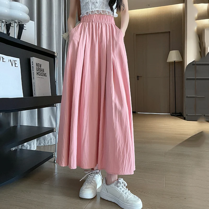 Damskie spódnice w kształcie litery A, plisowane, letnie, z wysokim stanem, szerokie spódnice typu parasol, damskie spódnice 2025, uniwersalne, jednokolorowe, z kieszeniami, długie spódnice.