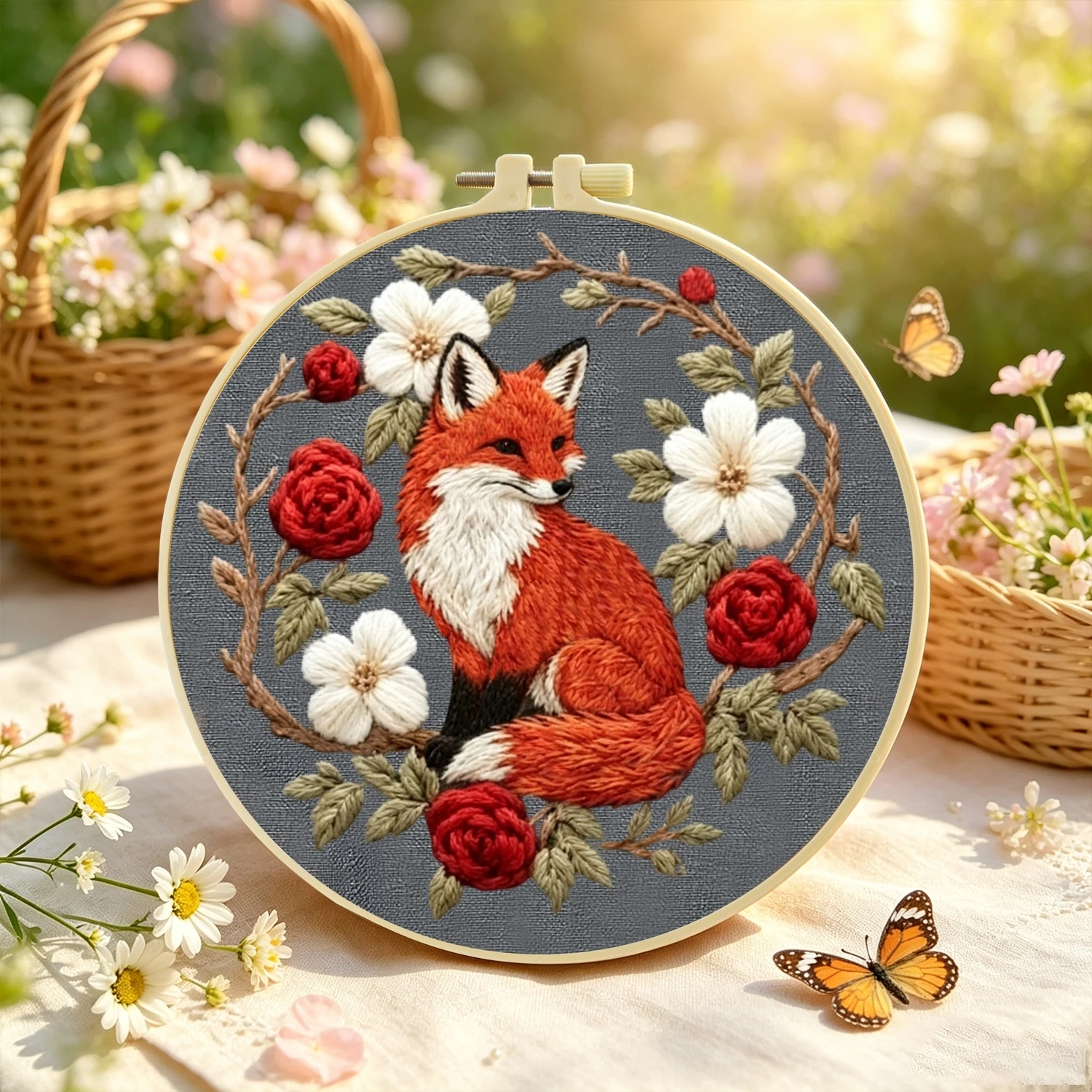 1 Set Blumenkranz Fuchs DIY Stickerei-Set für Anfänger Stickerei Starter-Kit Kreuzstich Kunstgeschenk Nadelarbeit Handwerk – Detail 5