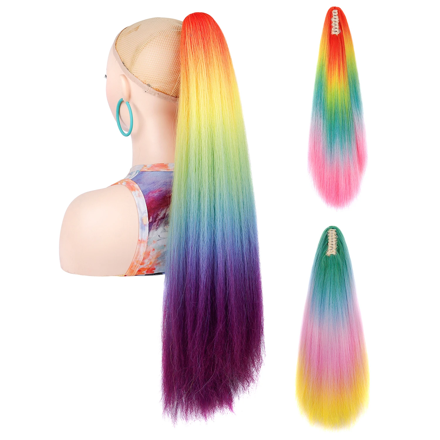 ゾリン-ポニーテール-レインボー-オンブレ-グラデーション-カラー-ヤキ-ストレート-ロング-ポニーテール-ヘアエクステンション-クロークリップ付き-女性用ヘアピース