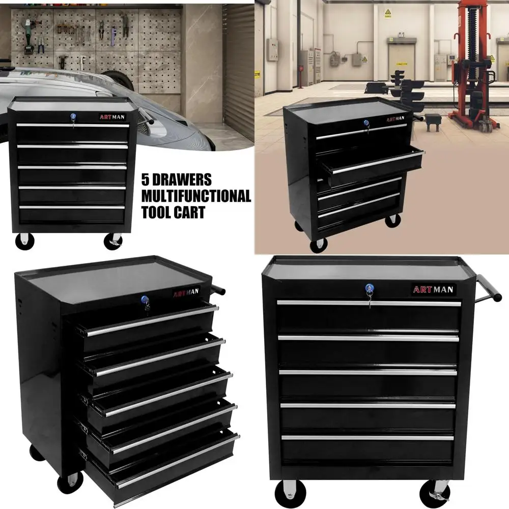 

5-Drawer Metal Black Multi-Purpose Tool Cart with Wheels for Garage Storage and Durability