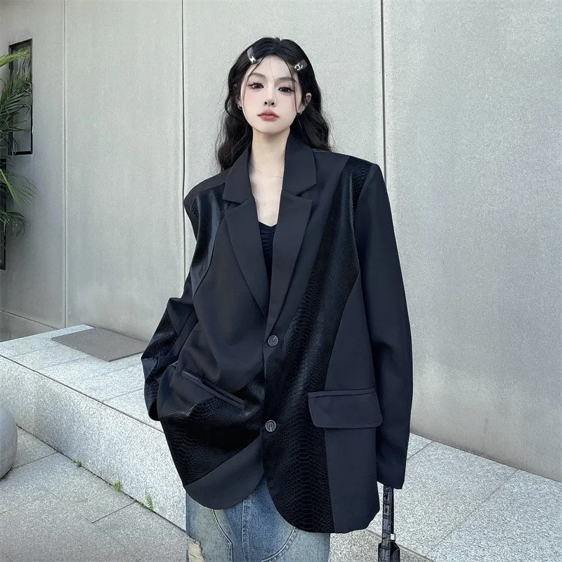 

High Street Stitching Suit Women's New Elegant Thin Looking Black Baggy Coat Fashion