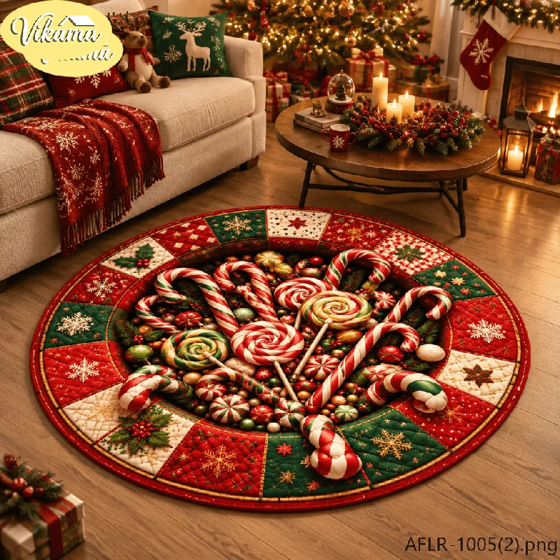VIKAMA Christmas Spiral Candy Cane Round Rug, Thin Soft Non-Slip Carpet, 3D Visual Effects Living Room Rug, Festive Home Decor