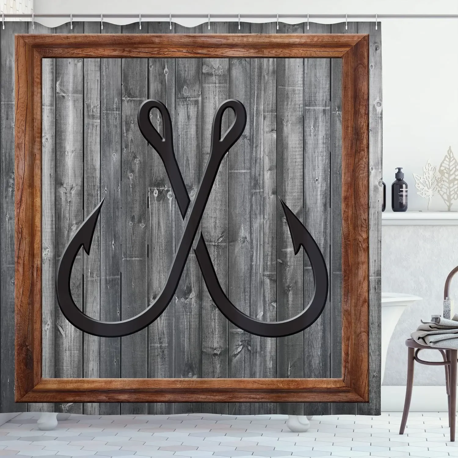 Nautisch douchegordijn kunstaas anker modern abstract schilderij houten frame rustieke stof badkamer decor set met haken
