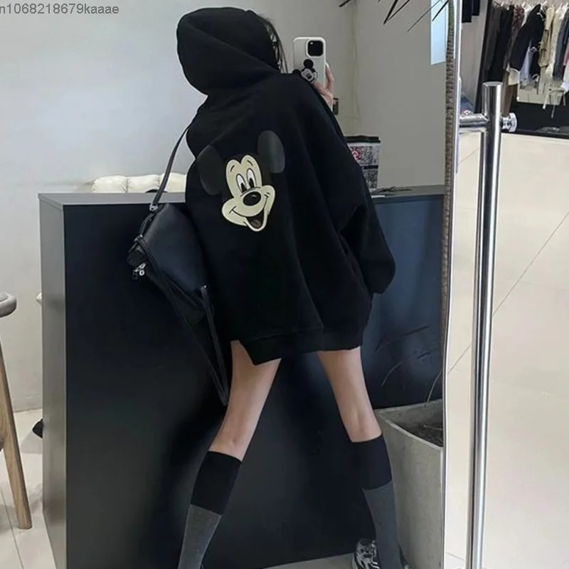 Disney Sweet And Cute Mickey Print Black Hooded Sweatshirt For Women Spring Autumn Korean Style Fashion Loose Versatile Pullover