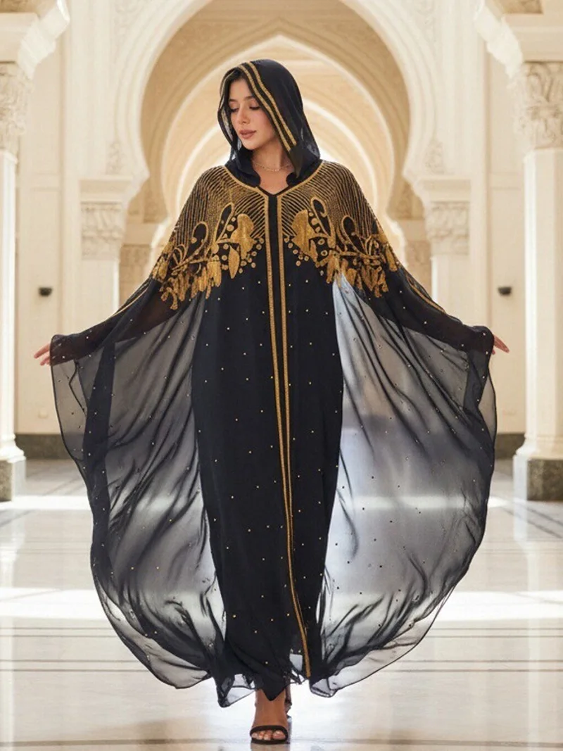 Diamanten Kapuzen Abaya 2PCS Set Modest Frauen Afrikanische Ankara Dashiki Kleid Marokko Kaftan Islamischen Kaftan Modest Gebet Kleidung