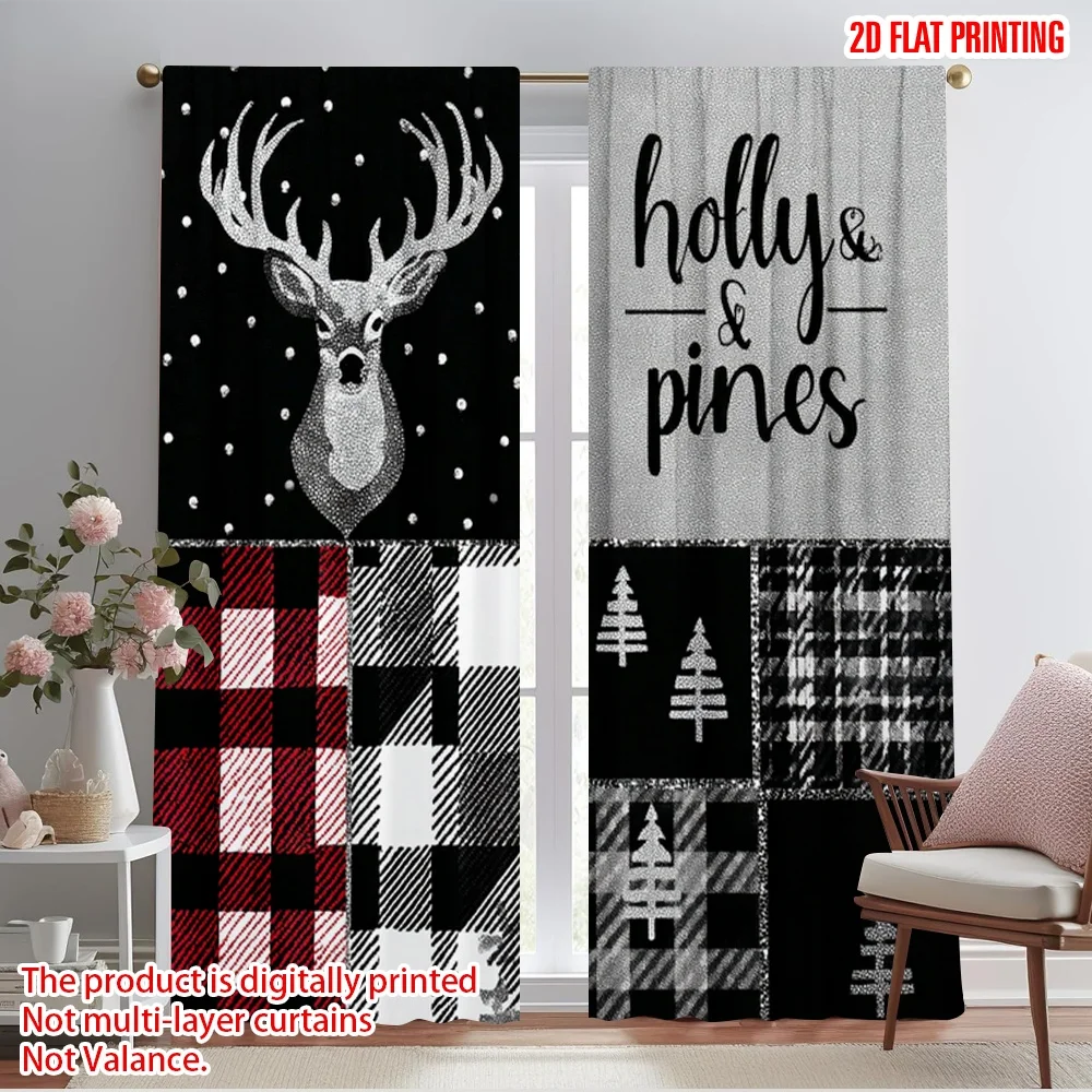 2pcs,2D plane printing Print Curtains Black and white checkered reindeer and Christmas tree Polyester Easy Install (without rod)