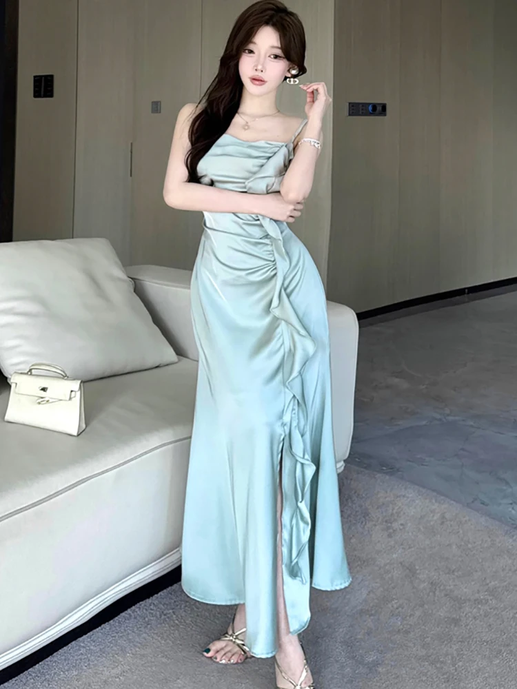 Frauen Solide Acetat Satin Chic Rüschen Langes Kleid Sommer Elegante Schlinge Sexy Abendkleid 2025, Koreanische Vintage Bodycon Prom Kleid