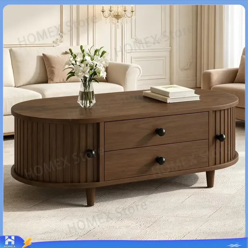 Modern Oval Coffee Table with 2 Sliding Doors and Drawers Walnut MDF Living Room Furniture Central Storage Rounded Corners