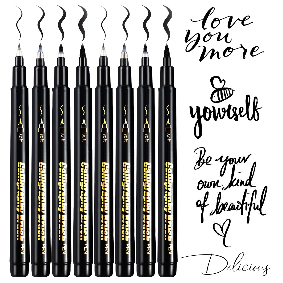 4 Pcs Black Hand Lettering Calligraphy Pen Set Drawing Writing Learning Fine Brush Markers Art Supplies Manga Pen Brush Chinese