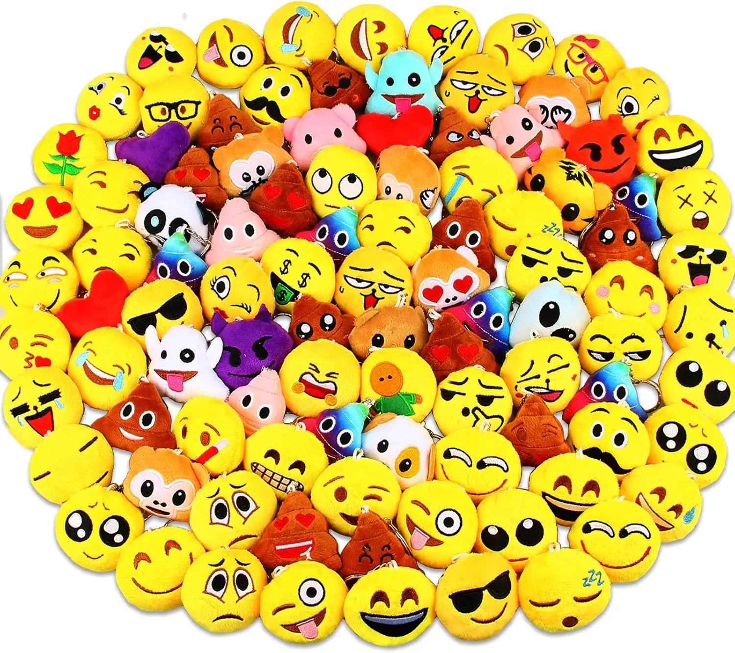 

100 Pack Mini Plush Emoticon Keychains for Kids Party Favors, Classroom Prizes, and Valentine Gifts