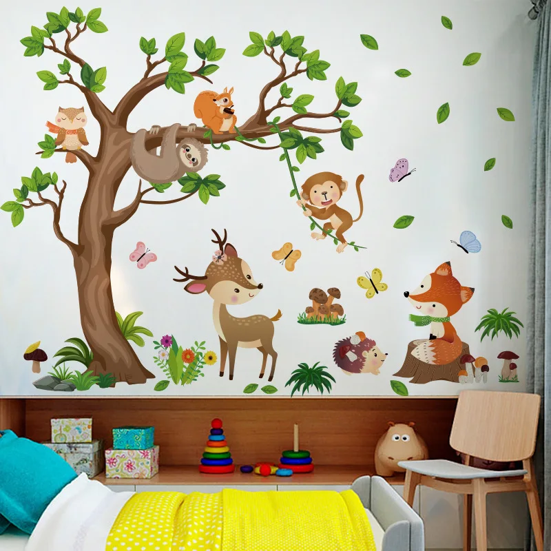 Pegatina autoadhesiva de dibujos animados para decoración de pared, árbol, ciervo, zorro, mono, sala de estar, habitación de niños