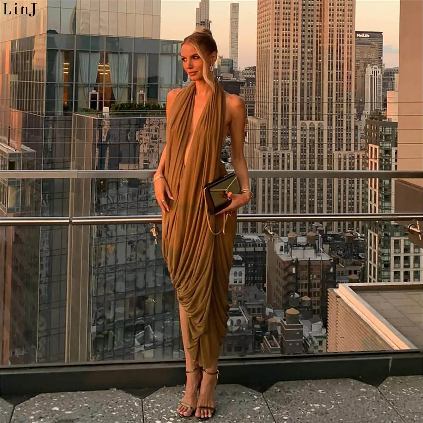 

Sexy Asymmetrical Pleated Backless Hanging Neck Dress Women's Sleeveless High Waist European Style Casual Dress LinJ Trendy Girl