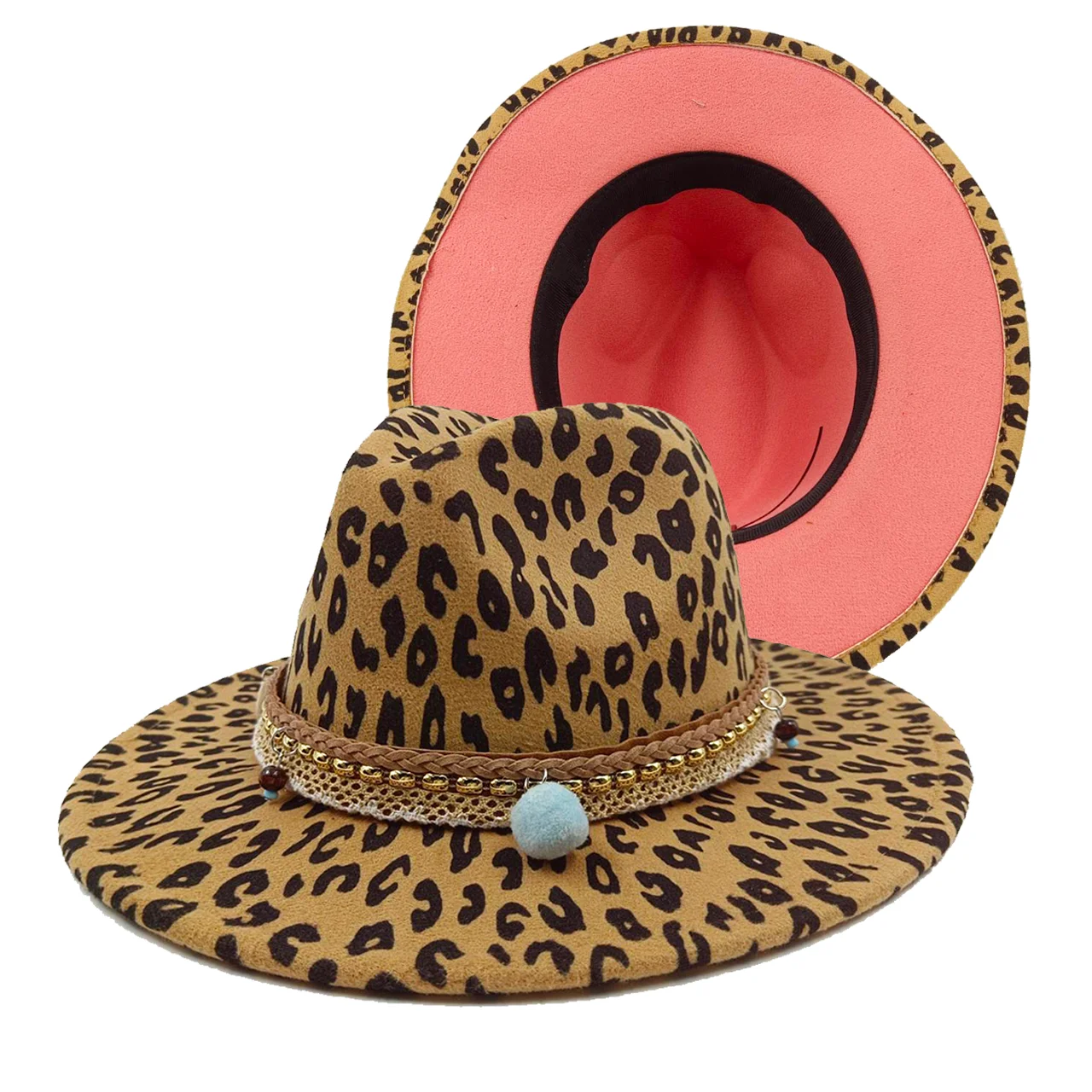 

Fedora Leopard Leather Pink Lining Spring and Autumn New Hat Panama Felt Men's and Women's Hat Jazz Hat Soft Woolen Hat Wholesal