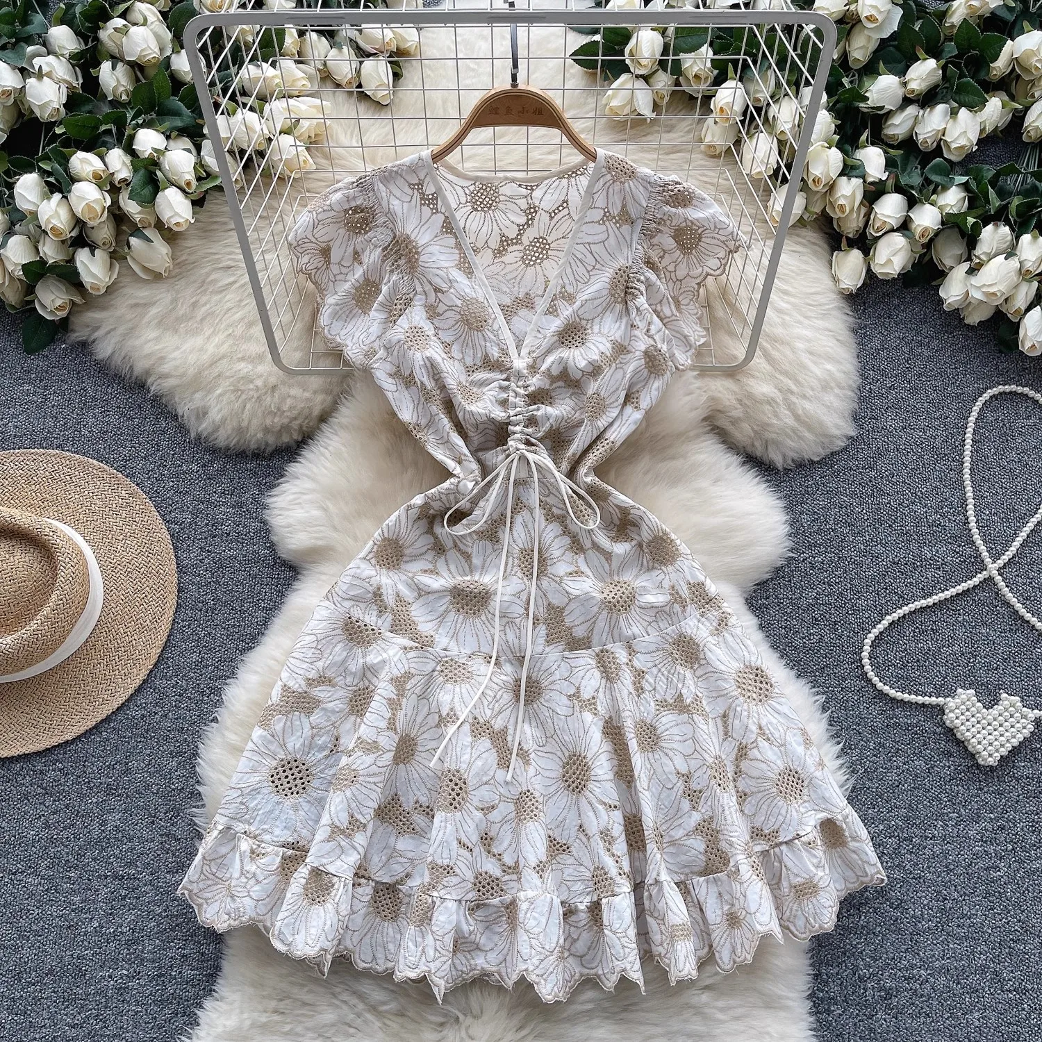 

Summer Runway Hollow Out Embroidery Flower Cotton Dress For Women's V-Neck Flying Sleeve Crochet Lace Drawstring Short Vestidos