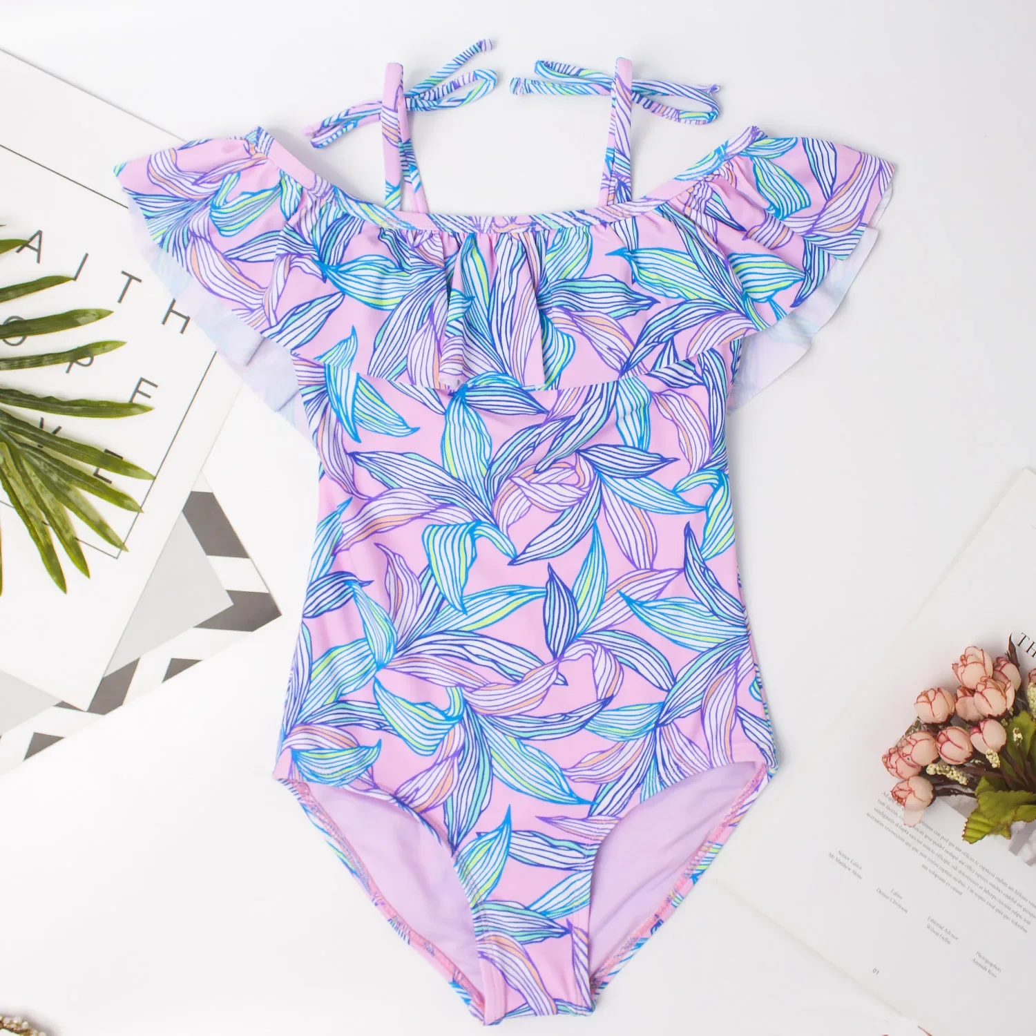 Teenager Girl One Piece Swimsuits for Kids  Leaves Printing Swimwear Children 7-16 Year Off Shoulder Bikini Set Maillot De Bain