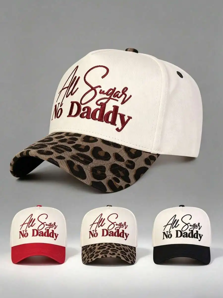

Womens All Sugar No Daddy Embroidered Baseball Cap With Leopard Print Brim Adjustable Casual Hat