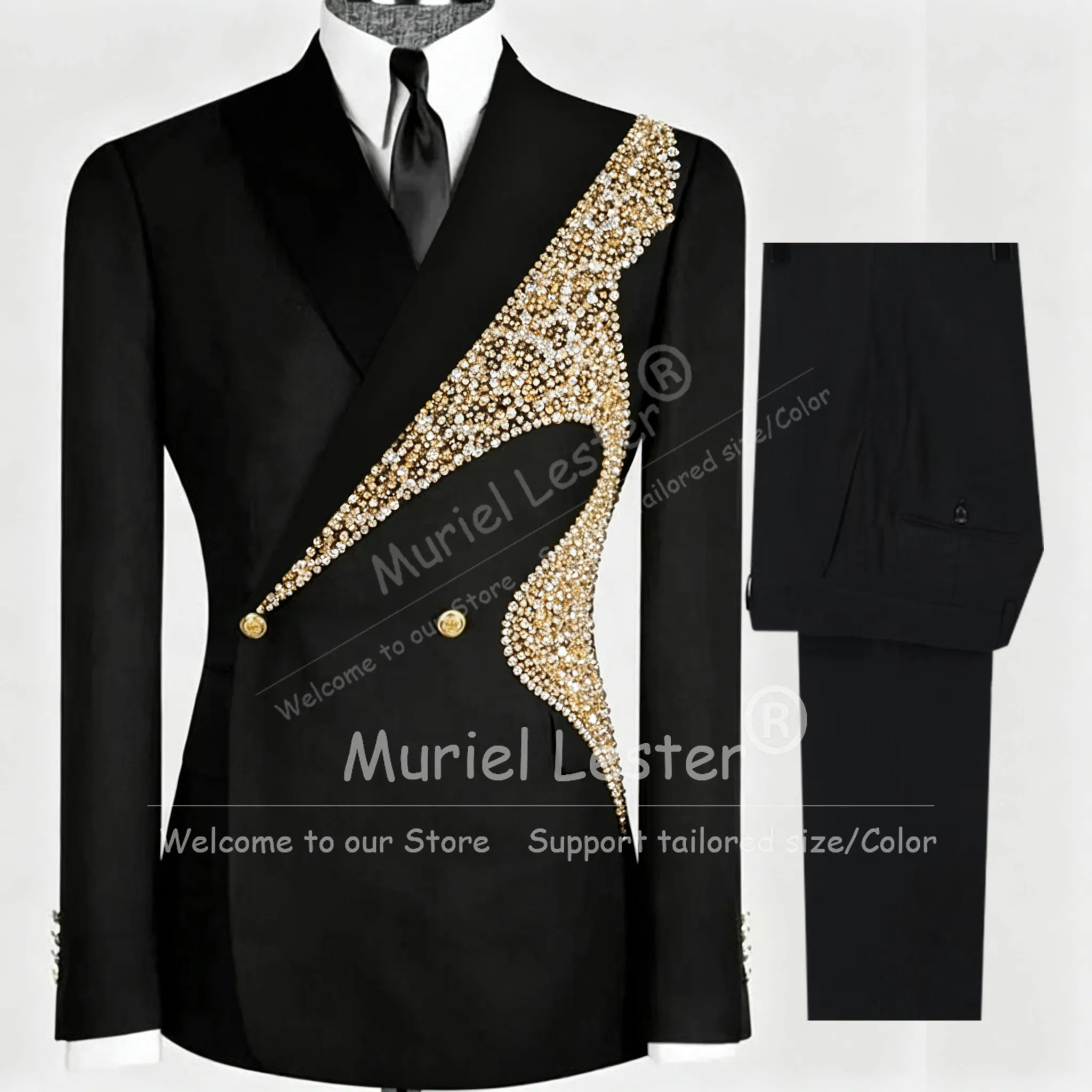 Man Exclusive Tuxedo Suit Gold Diamond Beaded Jacket Pants 2 Piece Sets Groom Wear Prom Blazer Customized Man Business Clothing