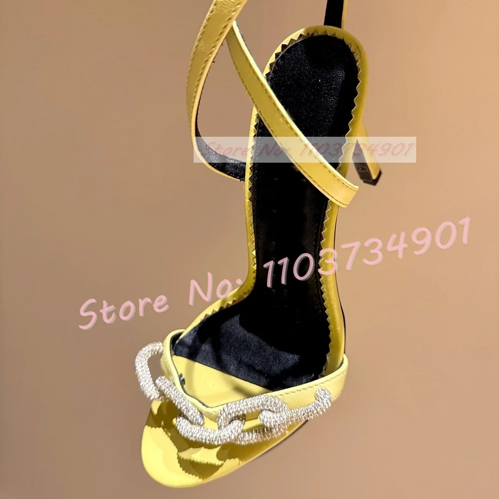 Crystal Chain Cross Strap Sandals In Gold Women Real Leather High Heels Shoes Ladies Luxury Open Toe Ankle Strap Metallic Shoes