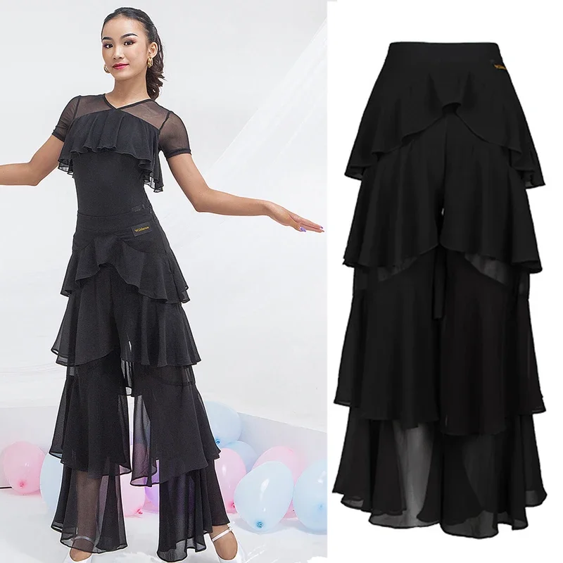 

Women'S High Waist Four-Layer Ruffled Trousers National Standard Dance Costumes Latin Practice Clothes Modern Dance Pants