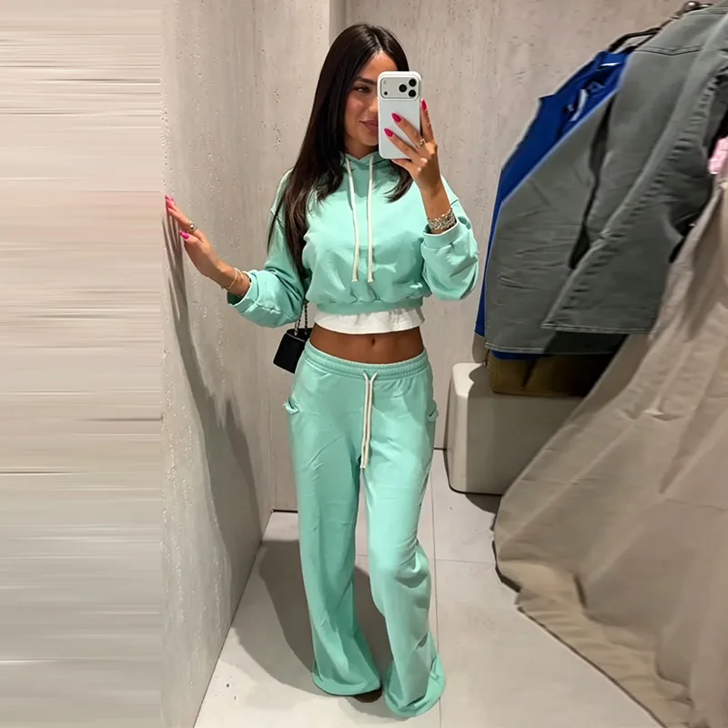 Damen Crop-Hoodie-Sweatset-Outfit, Langarm-Kapuzenpullover mit Kordelzug, Weitbeinige Jogginghose, Trainingsanzug, Lässige Streetwear – Detail 27