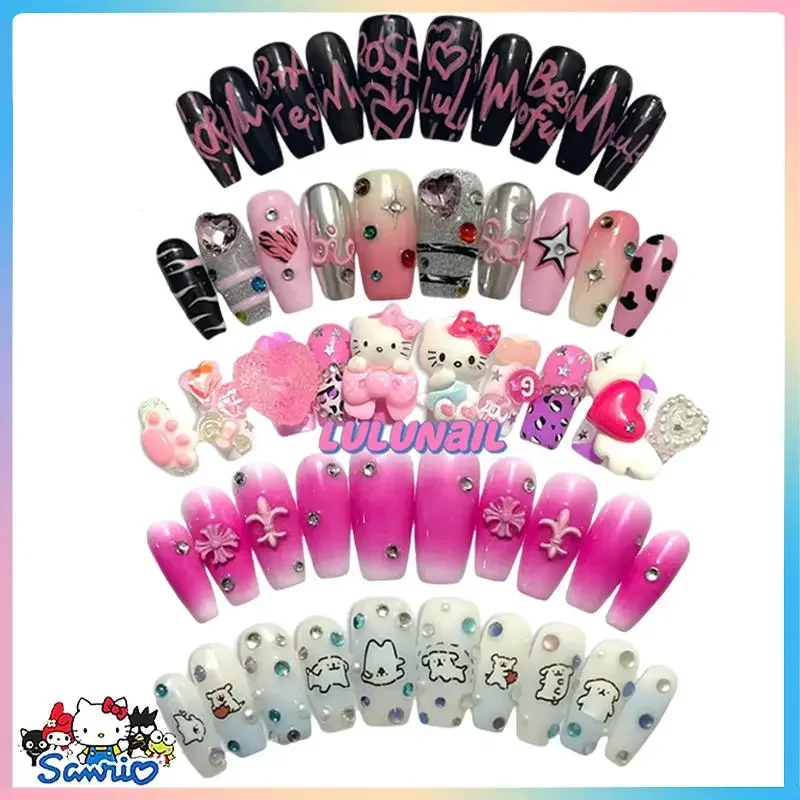 Cartoon Sanrios Hellokitty Wearing Armor Kuromi Fake Nails Rhinestone Detachable Long Coffin Stiletto Nails Full Cover Nail Tips